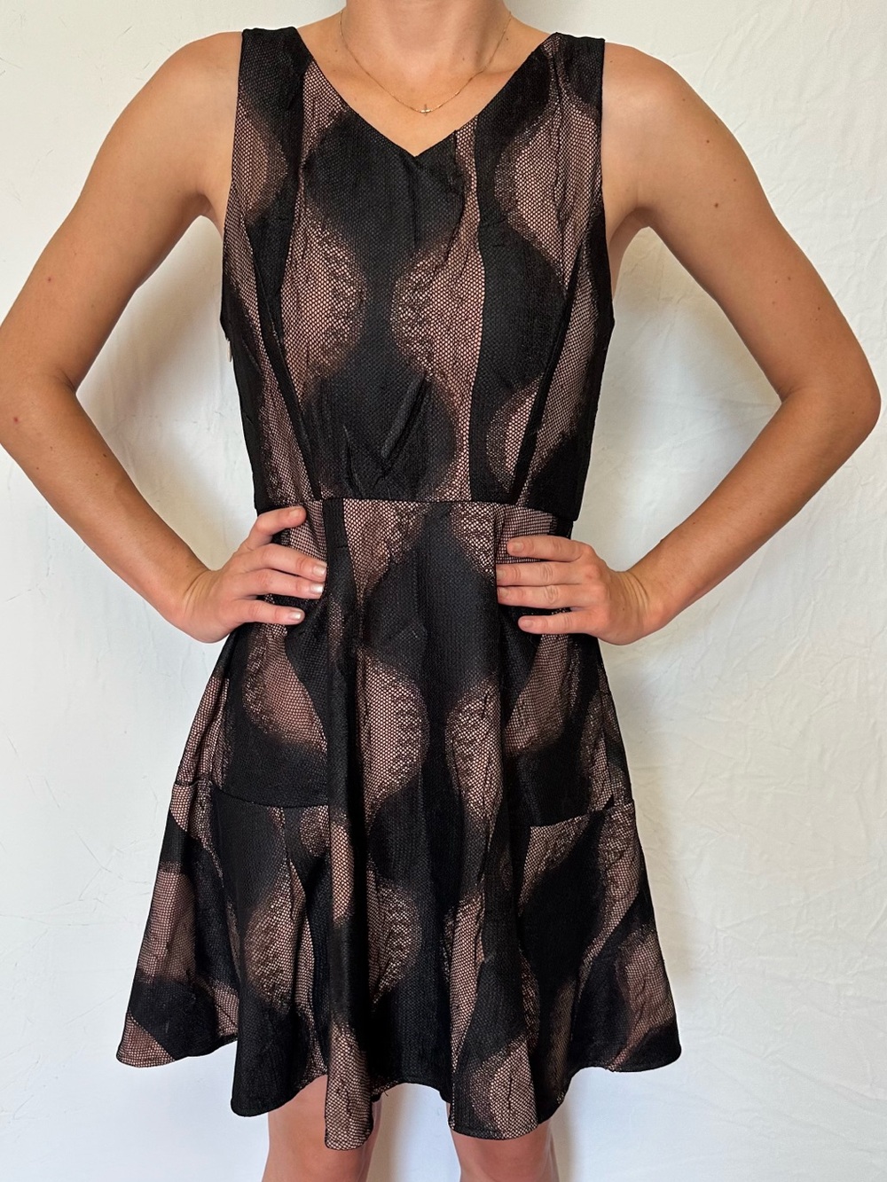 Sleeveless V-Neck Black & Bronze Fit-and-Flare Dress